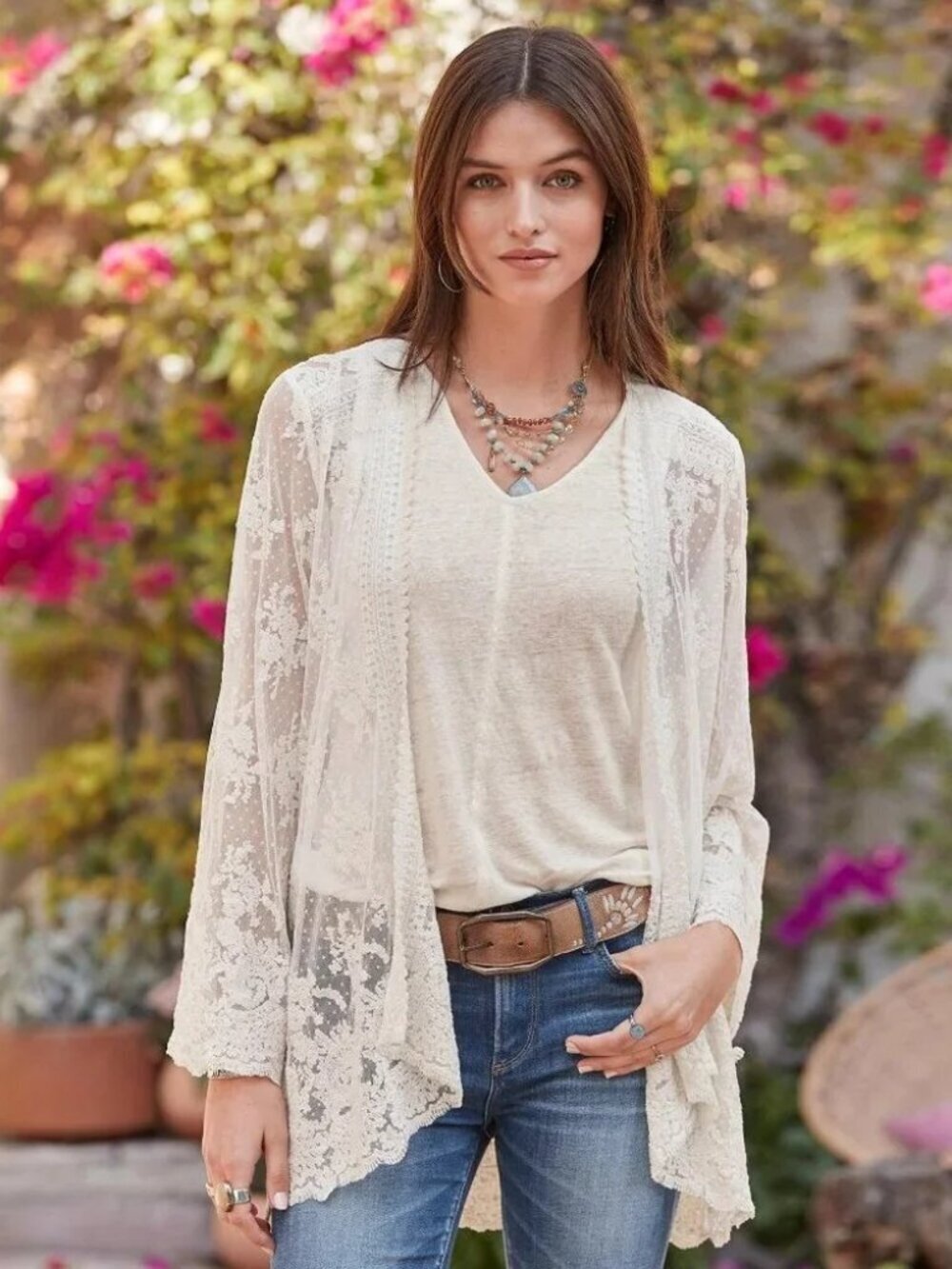 Sundance Divine Lace Embroidered Open Front Kimono Bell Sleeves Sheer in Ivory M